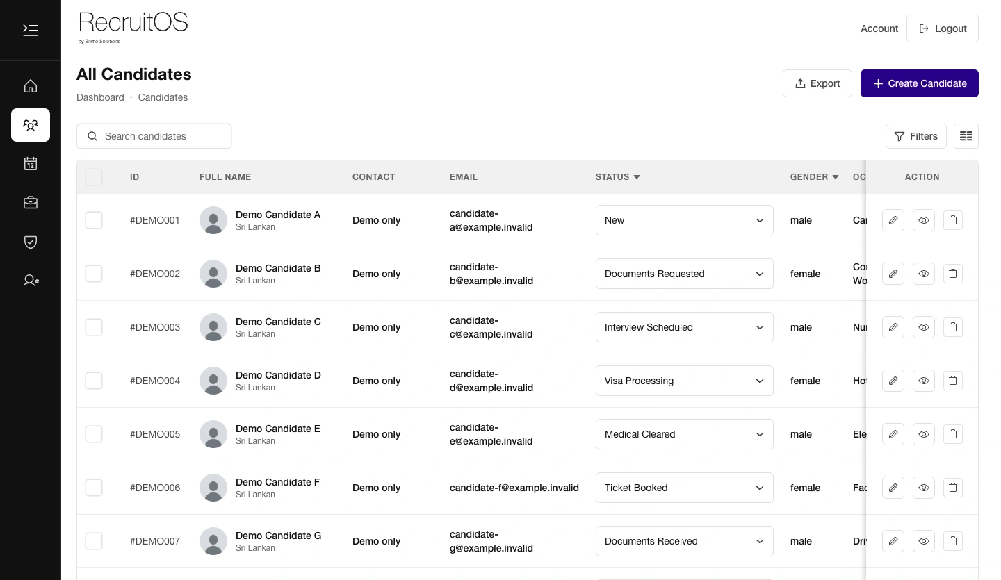 RecruitOS candidate management dashboard